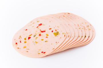 Sliced boiled ham sausage isolated on white background, top view