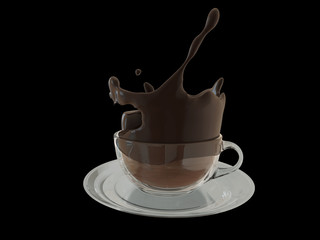 3D illustration of hot chocolate splash in glass cup, splashing coffee isolated on black.
