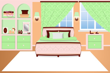 The interior of the bedroom. Room in gentle green color. Vector illustration