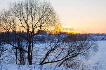 winter forest and the river at sunset