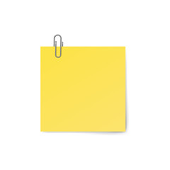 Yellow sticky note with paper clip isolated on white background. Vector illustration.