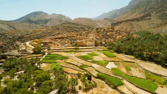 Aerial footage of village of Bilad Sayt in Al Hajar Mountains in Oman