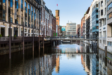 View of the canal Bleichenfleet and buildings along in Hamburg