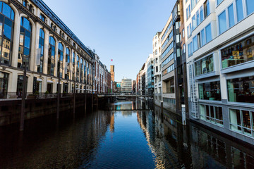 View of the canal Bleichenfleet and buildings along in Hamburg