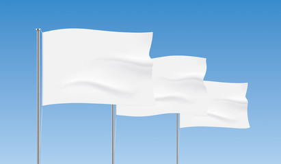 Fototapeta premium Perspective row of white flags. Waving flag vector templates. Advertising flags realistic mockup.