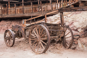 Fototapeta na wymiar Wooden old wagon in calico ghost town in USA