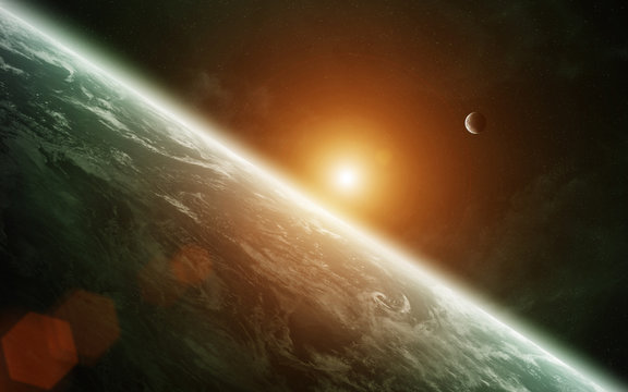 View of the moon close to planet Earth 3D rendering
