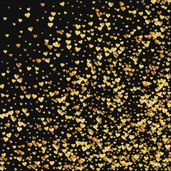 Gold gradient hearts confetti. Abstract random scatter on black valentine background. Vector illustration.