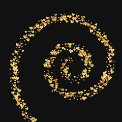Gold gradient hearts confetti. Spiral on black valentine background. Vector illustration.