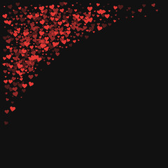 Red hearts confetti. Top left corner on black valentine background. Vector illustration.