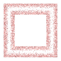 Pink golden glitter made of hearts. Square chaotic frame on white valentine background. Vector illustration.