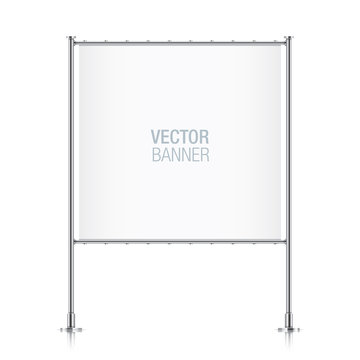 White vector advertising banner. Square banner, with metal construction isolated on background.