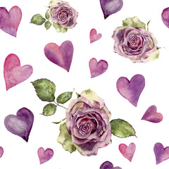 Watercolor seamless pattern with retro roses and hearts. Hand painted pink ornament isolated on white background. Valentine's day print.