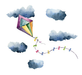 Watercolor kite air set. Hand painted vintage kite with clouds and retro design. Illustrations isolated on white background. For design or print.