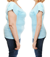 Mature woman's body before and after weightloss on white background. Health care and diet concept.