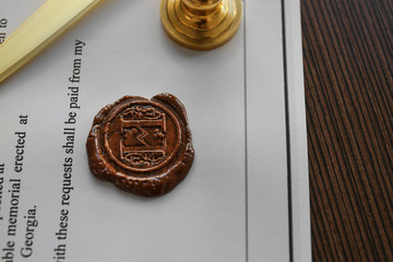 Old notarial wax stamp on document, closeup