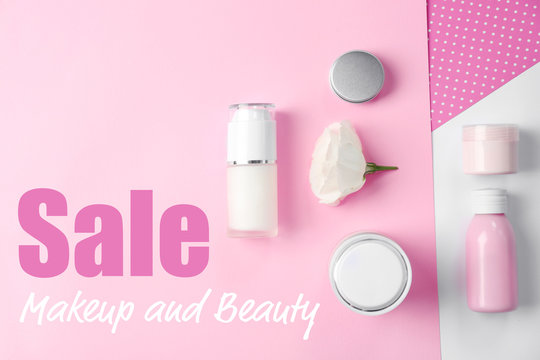 Makeup and beauty sale concept. Cosmetics on colorful background