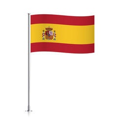 Spain vector flag template. Waving flag of Spain on a metallic pole, isolated on a white background.