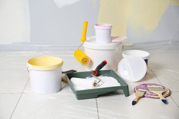 Set of painter tools on floor