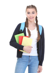 Pretty teenager girl with books on white background