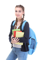 Obraz premium Pretty teenager girl with books on white background