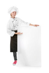 Cute girl in chef uniform with poster on white background