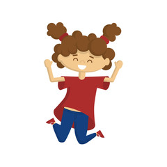 Funny girl playing on the playground. Cartoon characters on white background. Happy jumping.