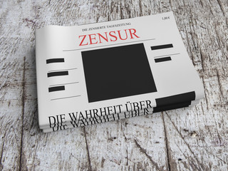 Censorship In Germany Concept: Pile of Censored Newspapers On Scratched Old Wood, 3d illustration