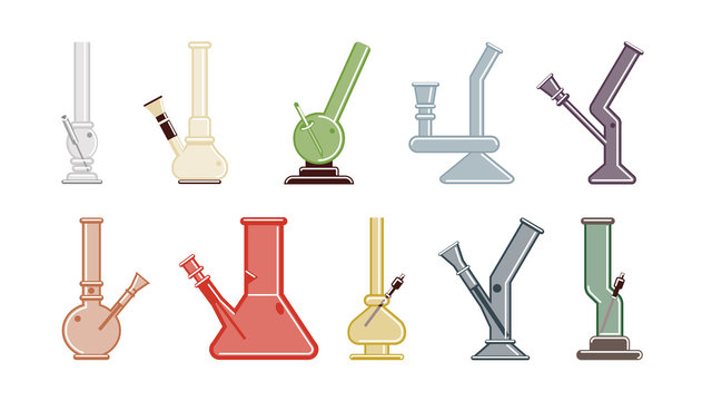 Isolated bongs set on white background. Bongs and waterpipes. Colorful smoking equipment made of glass.