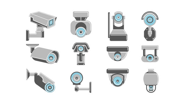 CCTV cameras set on white background. Concept of safety, guardiance, security and observing.