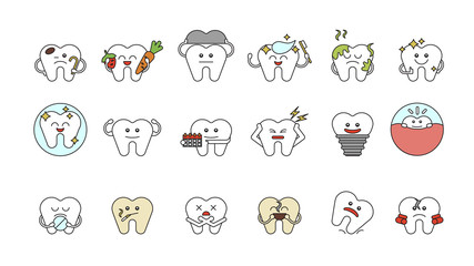 Funny teeth set on white background. Concept of dental care. Different cartoon teeth with emotions.