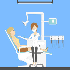 Dental care cabinet with dentist and patient. Healthcare and hygiene. Female doctor.