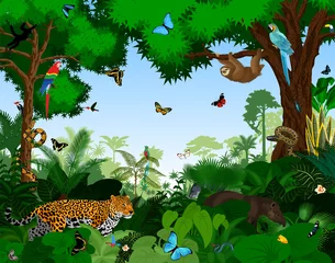  Rainforest with animals vector illustration. Vector Green Tropical Forest jungle with parrots, jaguar, tapir, sloth, anaconda and butterflies. © Save Jungle