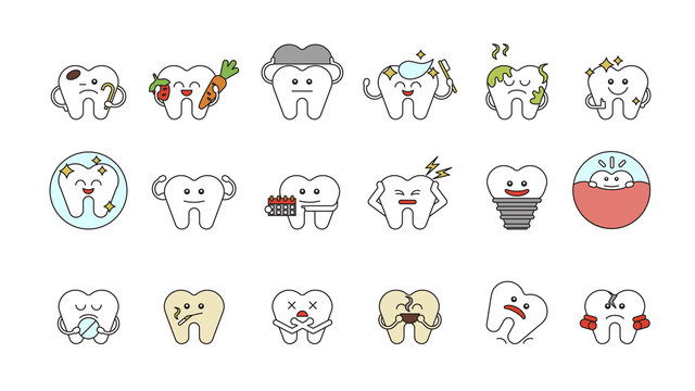 Funny teeth set on white background. Concept of dental care. Different cartoon teeth with emotions.