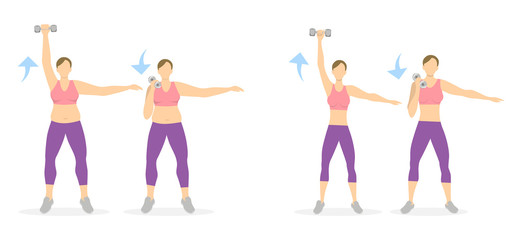 Arms exercise for women on white background. Workout for arms and hands with dumbbels. From fat to skinny.