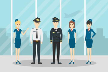 Airplane flight crew. Pilot, capitan and flying attendants. Professional team in uniform.