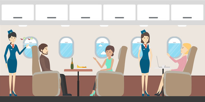 Airplane business class interior. Flying attendants and passengers. Seats with tables.