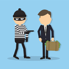 Thief with a gun. Funny cartoon thief in black mask stealing a bag. Concept of fraud, crime and blackmail.