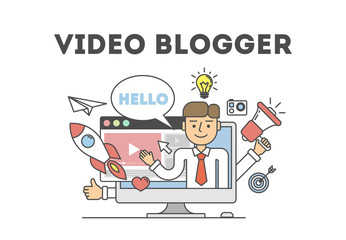 Video blogging concept.Idea of creating videos and vlogs about anything. Illustartion with icons as rocket, laptop screen. White background.