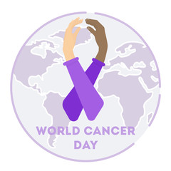 World cancer day. Hands holding and making World cancer day symbol on the world map background. Concept of global issues. Caucasian and african american hands.