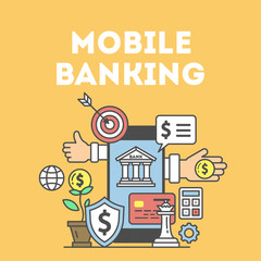 Mobile banking concept. Smartphone, target, dollar and other icons. E-commerce and shopping. Wireless transaction.