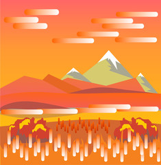 Mountain autumn morning landscape in flat style. A beautiful and