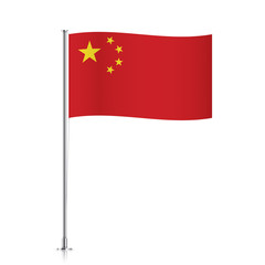 Chinese vector flag template. Waving flag of China on a metallic pole, isolated on a white background.