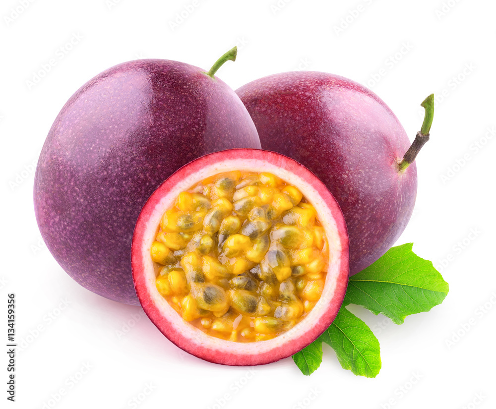 Poster isolated maracuya. two whole passion fruits and a half isolated on white background with clipping pa