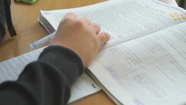 The schoolboy sitting at the school desk reads the school textbook indoors