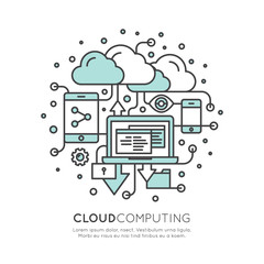 Vector Icon Style Illustration of Cloud Computing Technology, Hosting, Cloud Management, Data Security, Server Storage, Api, Mobile and Desktop Memory, Isolated Web Design Template