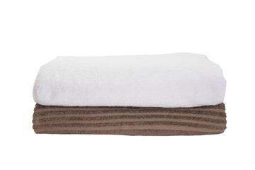 Stack of white towel and brown towel isolated on white background