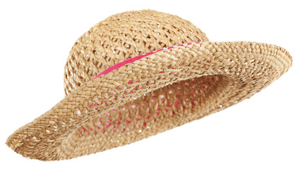 Side view of curved brim straw hat