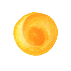 Primrose yellow, orange circle shape with space for text. Watercolor golden round background. Watercolour stains abstract texture.