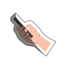 Hand holding smartphone icon. Cellphone mobile digital and phone theme. Isolated design. Vector illustration